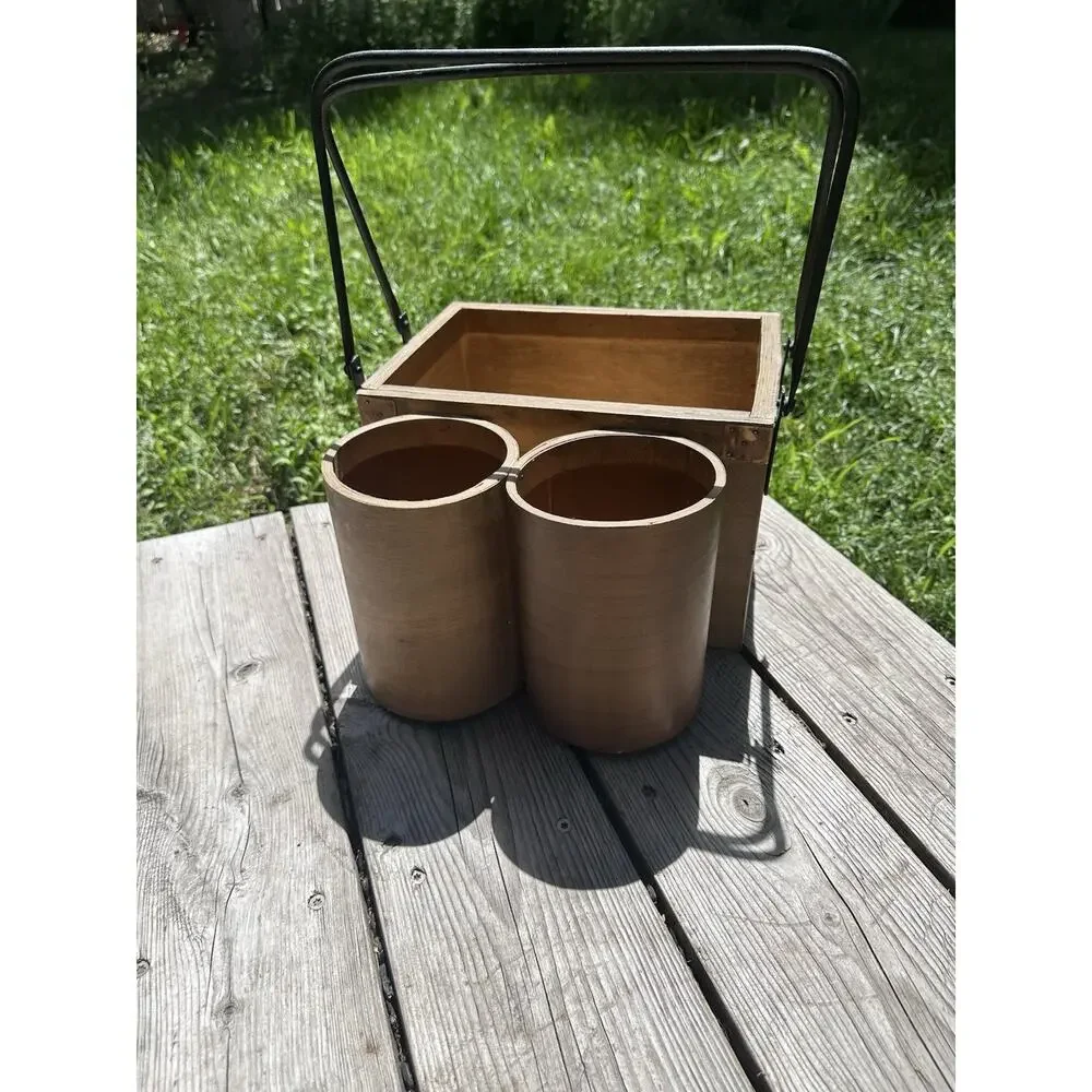 Vintage Wooden Picnic Basket With Cupholders Hand Painted Grapes Metal Handle